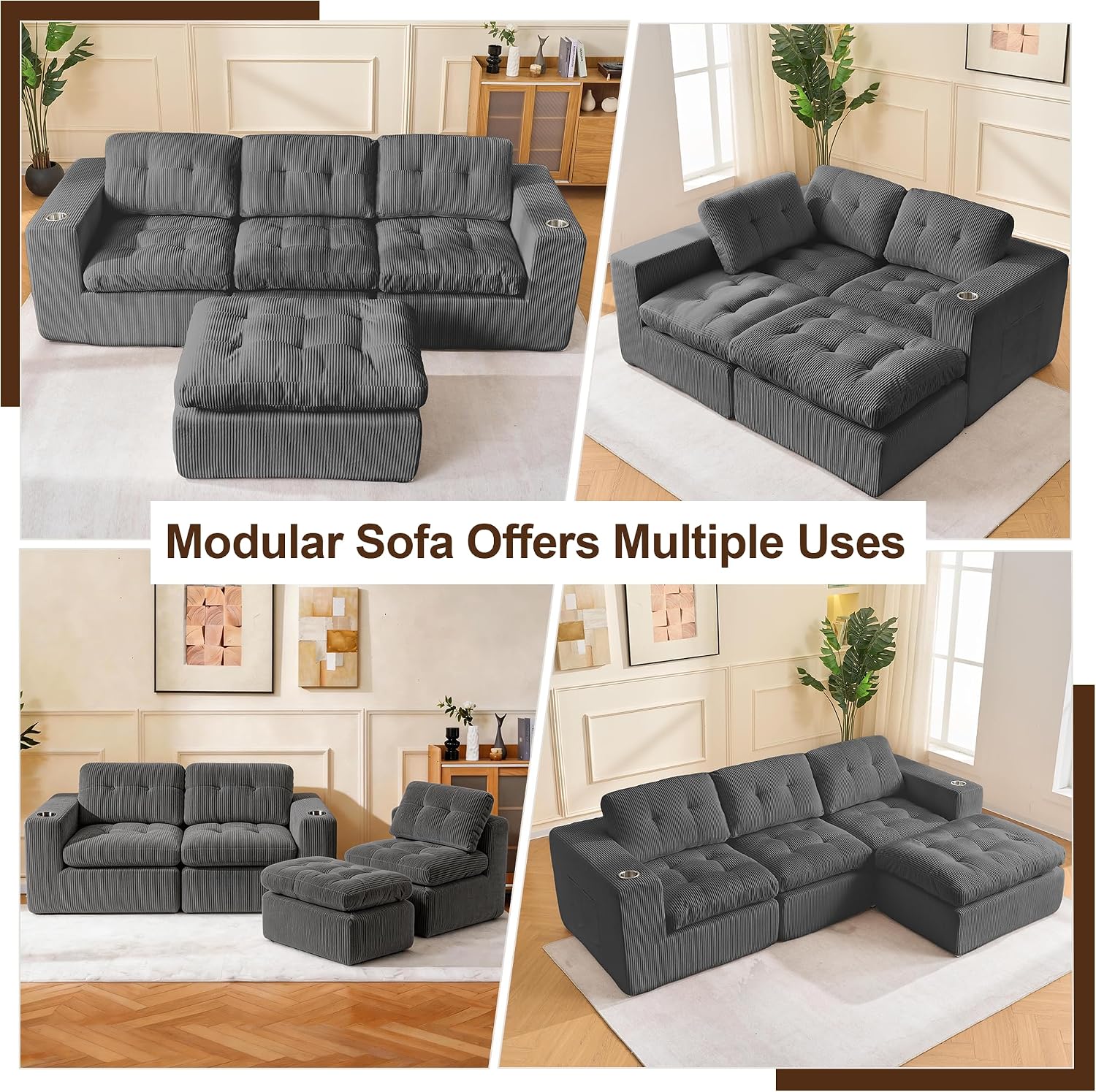105' Modular Sectional Sofa, Cloud Sectional Couch with Deep Seat, Modern Corduroy Comfy L Shaped Couch with Chaise, Boneless Couches for Living Room Bedroom (Dark Gray)