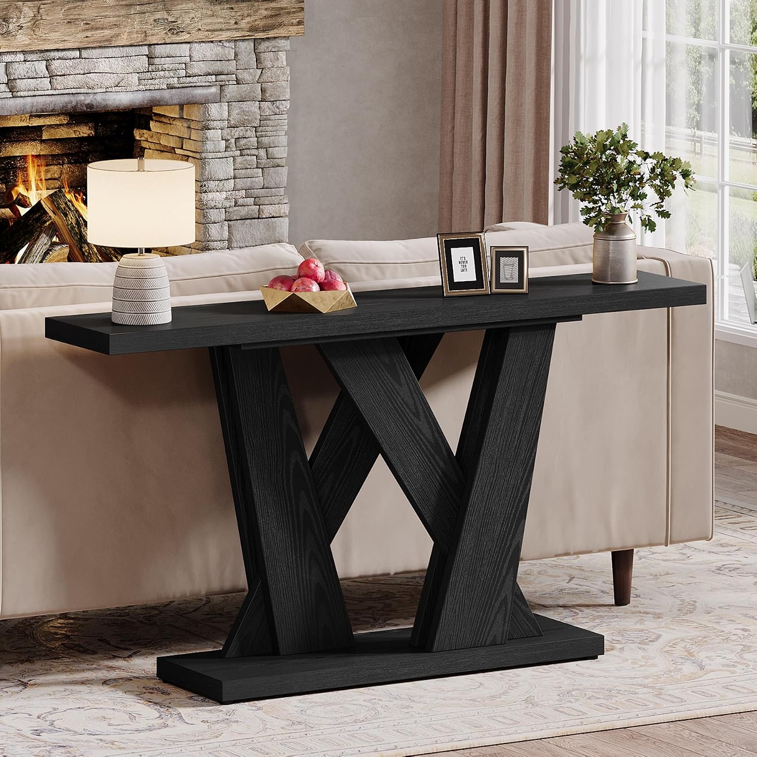 Tribesigns 55-Inch Farmhouse Console Table, Farmhouse Behind The Couch Table TV Stand with Geometric Base, Skinny Sofa Table Entryway Table for Entrance, Living Room, Hallway, Foyer, Black