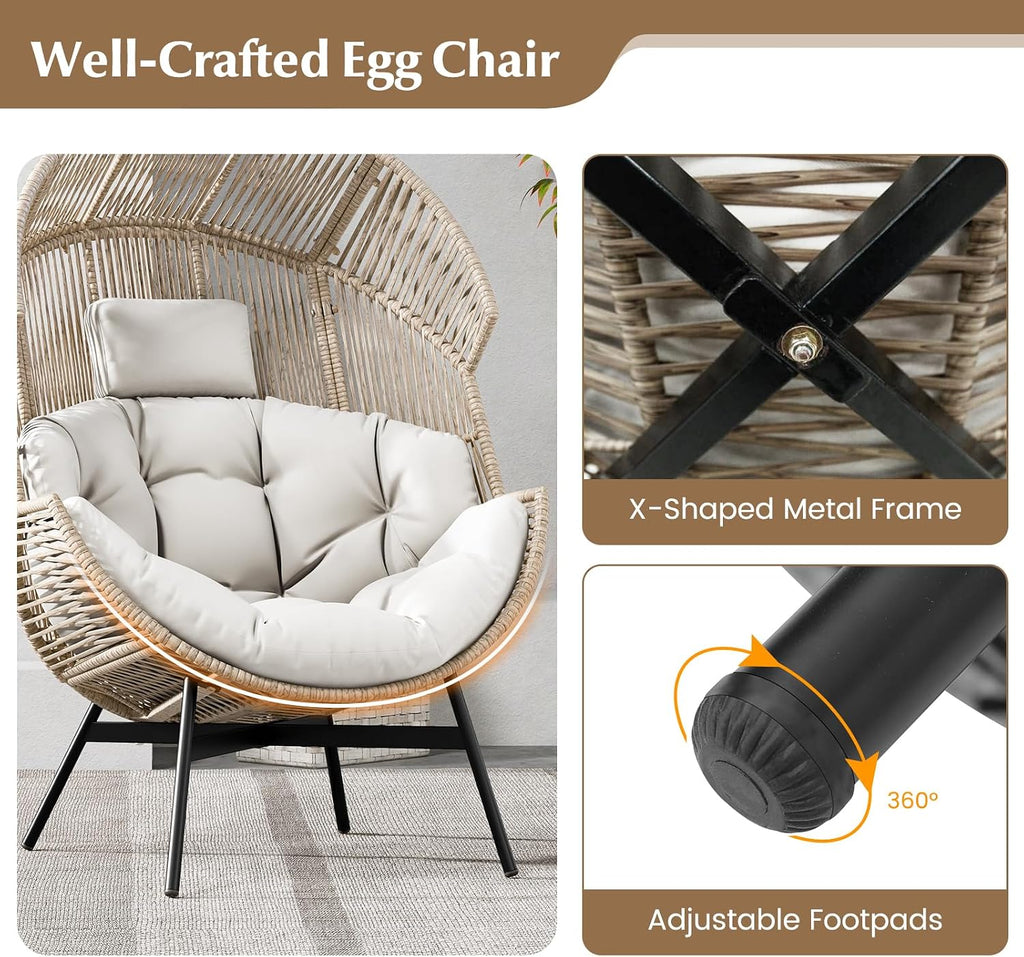 Tangkula Oversized Egg Style Chair, Wicker Stationary Patio Egg Chair w/Cushions & Headrest, Heavy-Duty Metal Frame, Patio Lounge Basket Sofa Chair for Yard, Porch, Living Room (Off White)