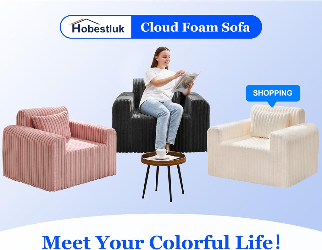 Hobestluk Single Sofa Foam Couch Sofa for Small Spaces Comfy Sofas with Removable Cover Furry Couch with Pillows for Living Room, Bedroom, Apartment, Office (Black, Standard)