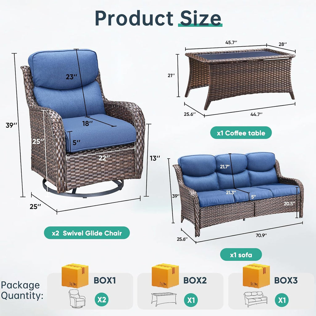Outdoor Swivel Rocker Patio Chairs Set of 4 with Sofa - 5' Thick Cushion 4 Piece Furniture Set with Sofa All Weather Wicker Conversation Set for Porch Deck - Brown Wicker | Blue Cushions