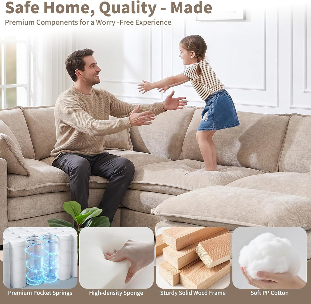 GNIXUU 111.5' Chenille Cloud Couch with Movable Ottoman, Comfy Modular Sectional Sofa, Deep Seat, L Shaped Sectional Couches for Living Room, Apartment, Office(Camel)