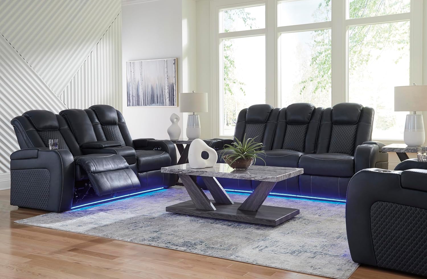 Signature Design by Ashley Fyne-Dyme Power Reclining Sofa with USB Ports and Adjustable Headrest, Drop Down Table, Faux Leather, 21' Seat Height, Blue