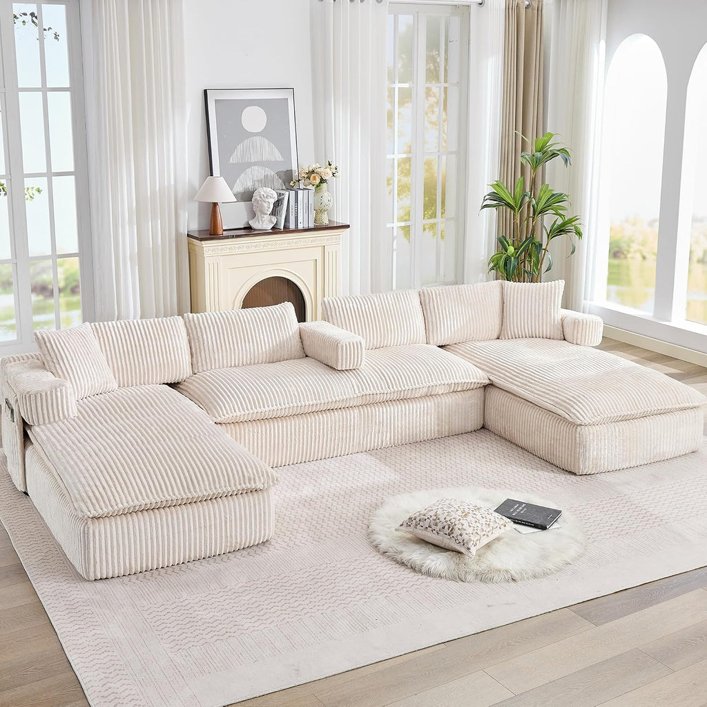 Oversized Cloud Boneless Couch with Chaise, 149' Modern U Shape Modular Deep Seat Sectional Sofa, Comfy Corduroy Upholstered Couches for Living Room, No Assembly Required, Beige White