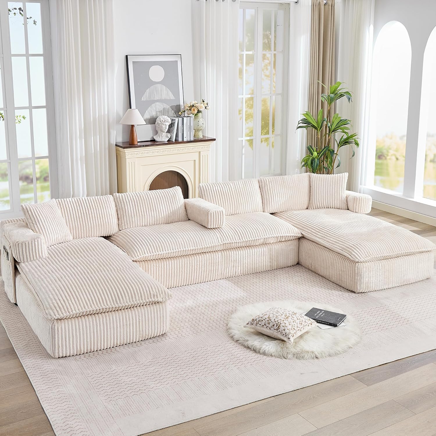Oversized Cloud Boneless Couch with Chaise, 149' Modern U Shape Modular Deep Seat Sectional Sofa, Comfy Corduroy Upholstered Couches for Living Room, No Assembly Required, Beige White