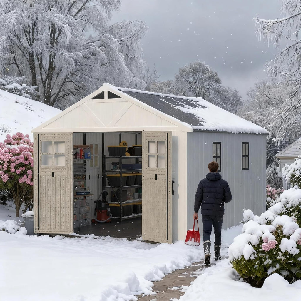 GUNJI 10x12 FT Resin Outdoor Storage Shed with 4 Metal Shed Kit-Perfect to Store Patio Furniture, Garden Tools Bike Accessories, Beach Chairs and Lawn Mower, Begie