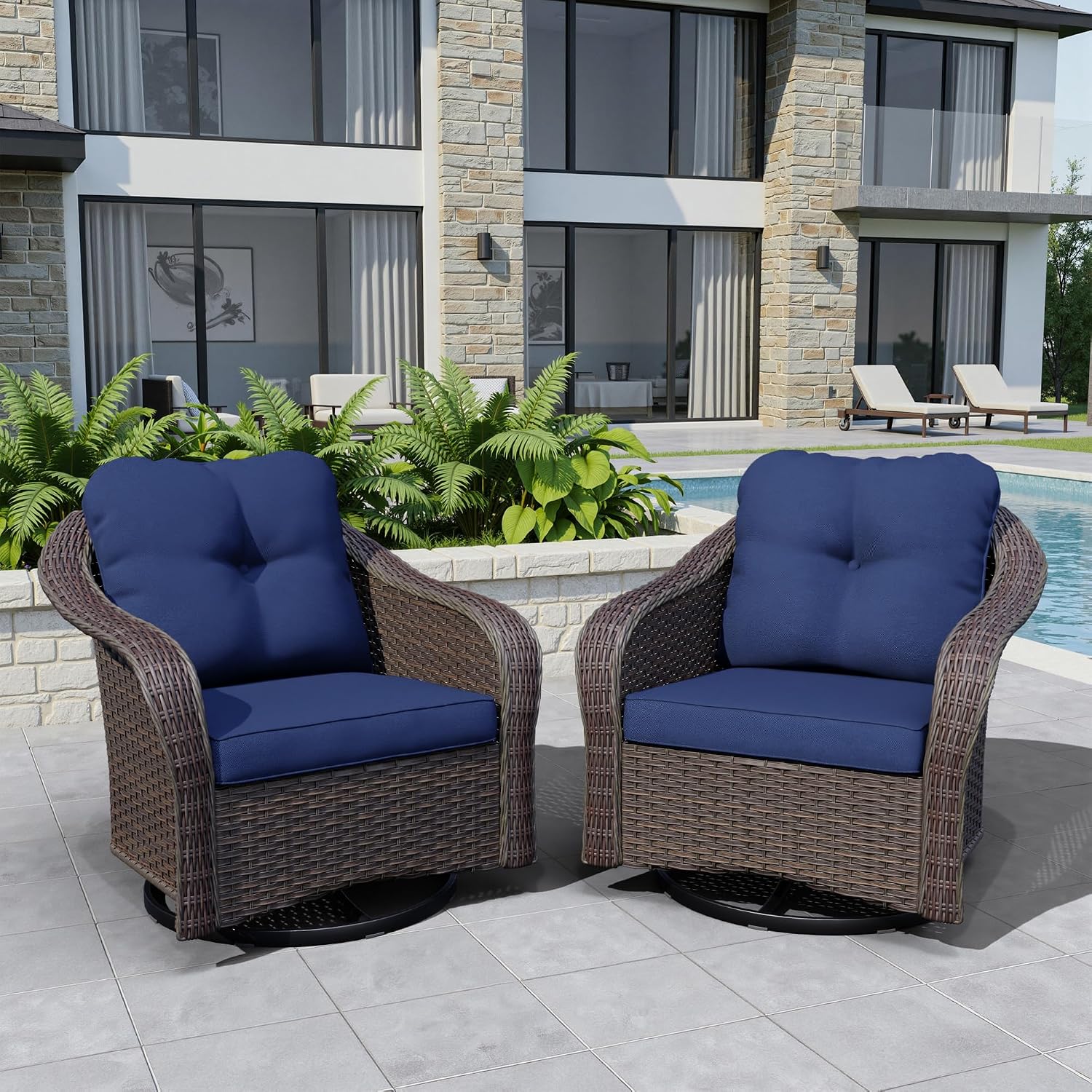 Wicker Swivel Rocking Chairs Set 2, Outdoor Brown Wicker Swivel Glider Chair Outdoor Rocking Chair with Water-Resistant Cushions, Blue