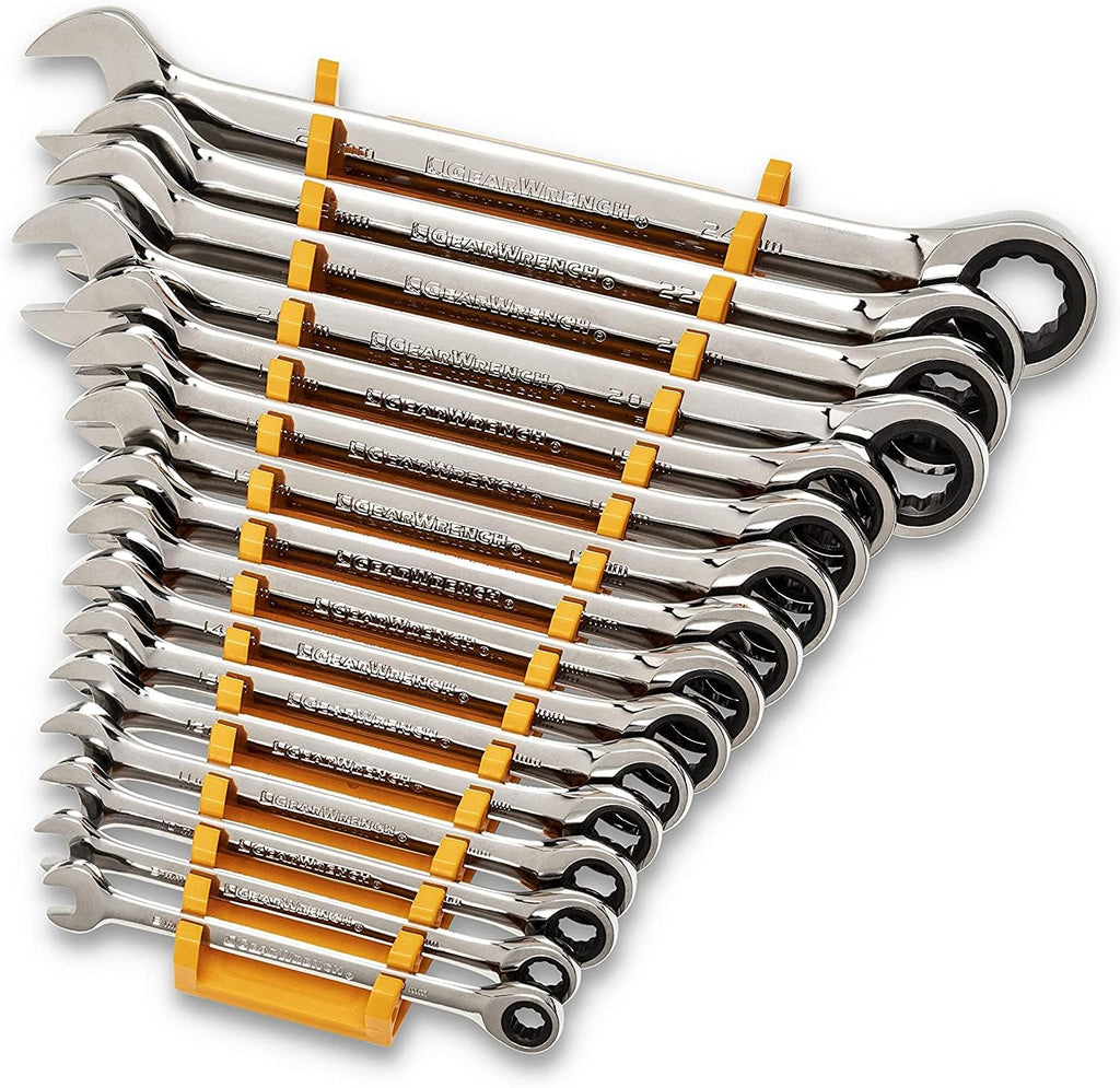 GEARWRENCH 30 Piece 12 Point Ratcheting Combination SAE/Metric (1/4-1 in., 8-24 mm) Wrench Set with Wrench Racks - 86702 (Pack of 2)