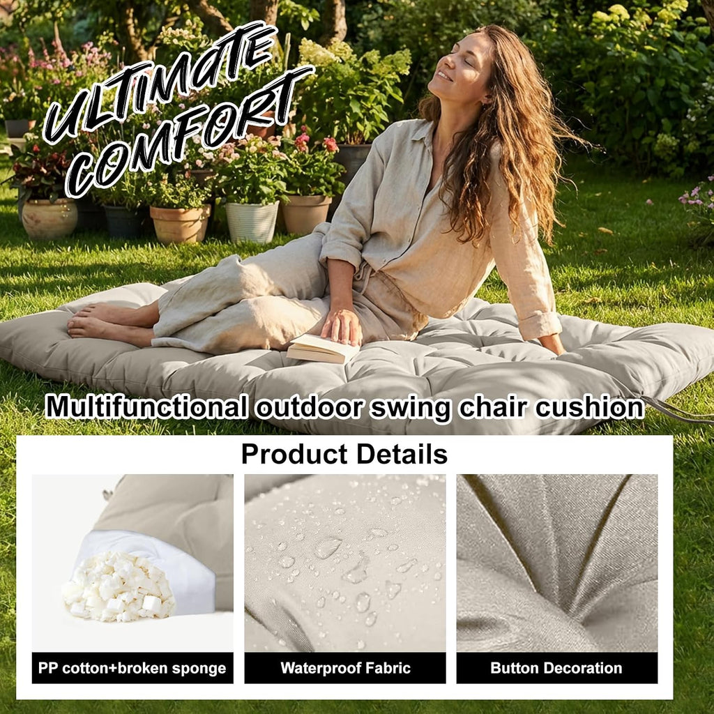 Waterproof Porch Swing Cushion Replacement, Thick 4' 2–3 Seat Outdoor Swing Seat Cushion with Backrest & Ties for Patio, Garden & Porch (Khaki 40 * 40 in)
