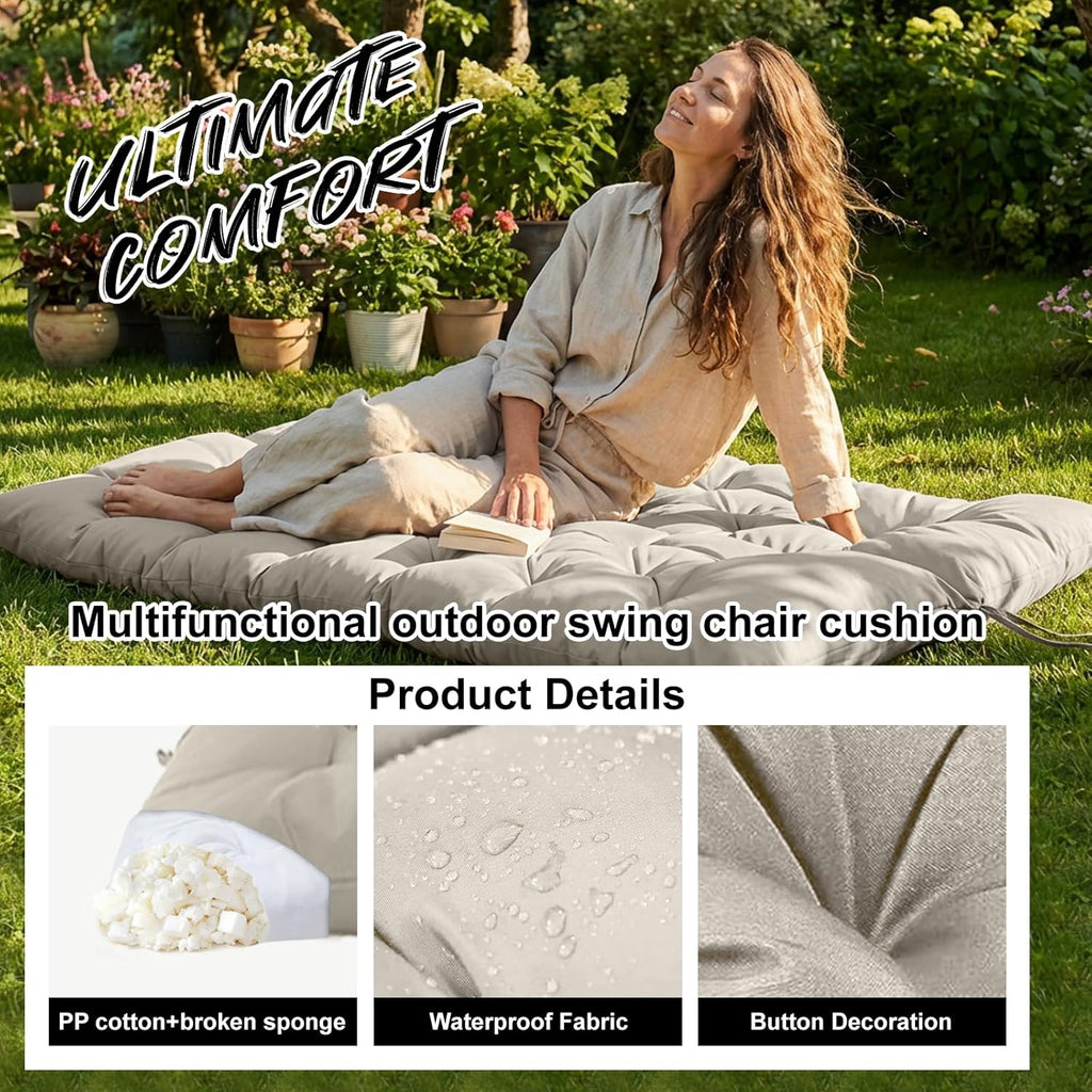 Waterproof Porch Swing Cushion Replacement, Thick 4' 2–3 Seat Outdoor Swing Seat Cushion with Backrest & Ties for Patio, Garden & Porch(Khaki 40 * 60 in)