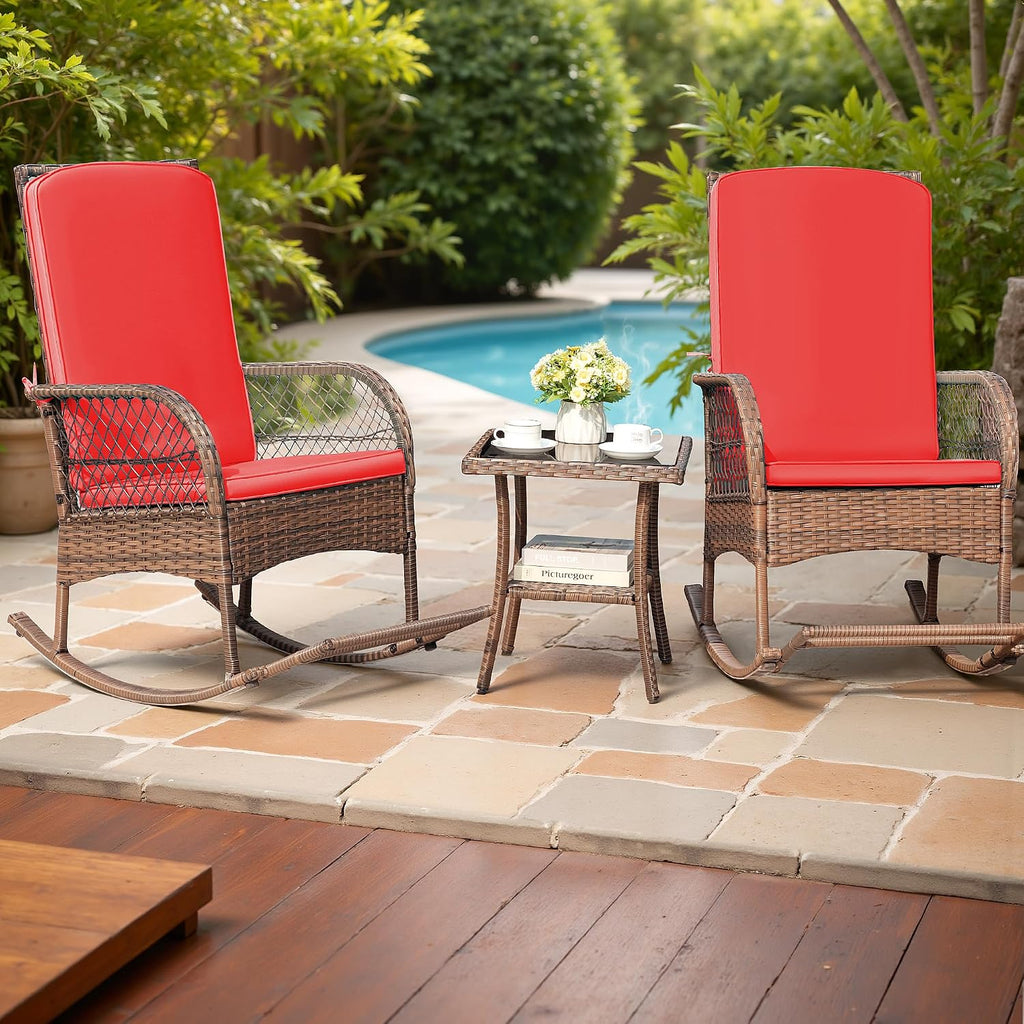 Devoko Outdoor Rocking Chairs 3 Piece Patio Furniture Set with Side Table & Cushions, Wicker Porch Rocker Bistro Set High Back for Balcony, Backyard, Garden (Red)