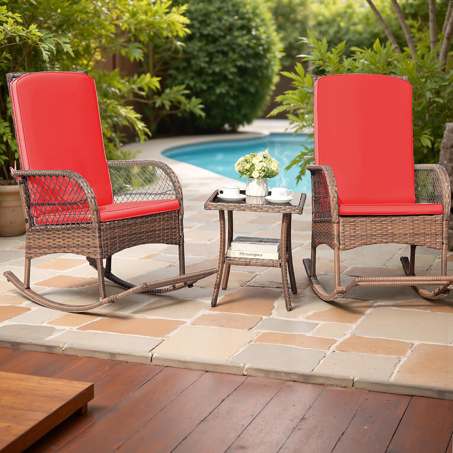 Devoko Outdoor Rocking Chairs 3 Piece Patio Furniture Set with Side Table & Cushions, Wicker Porch Rocker Bistro Set High Back for Balcony, Backyard, Garden (Red)