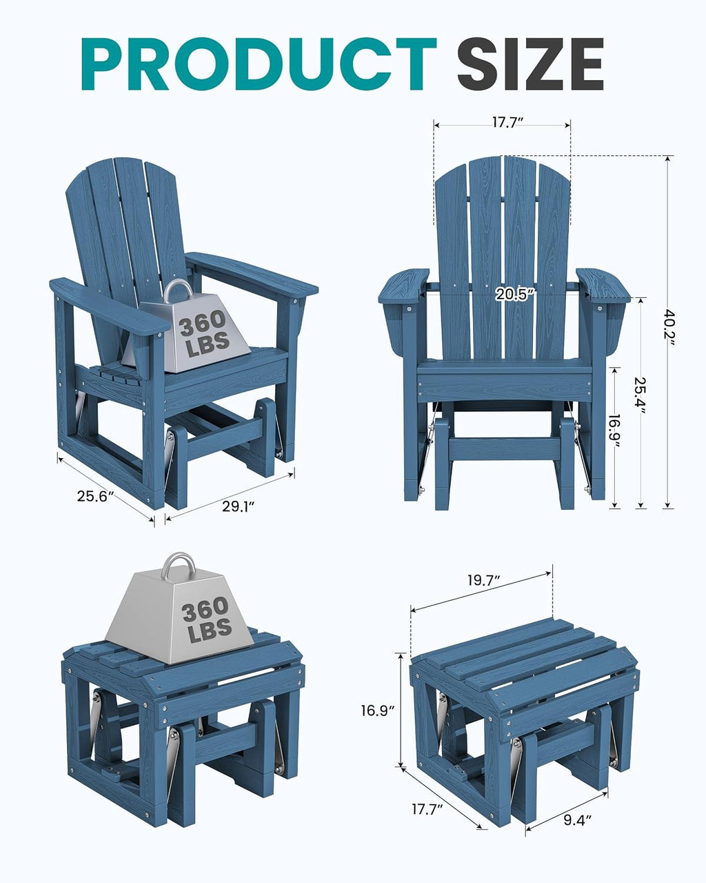 SERWALL Outdoor Glider Chair with Ottoman, HDPE Wood-Like Patio Glider Set All-Weather Porch Glider for Outside, Blue