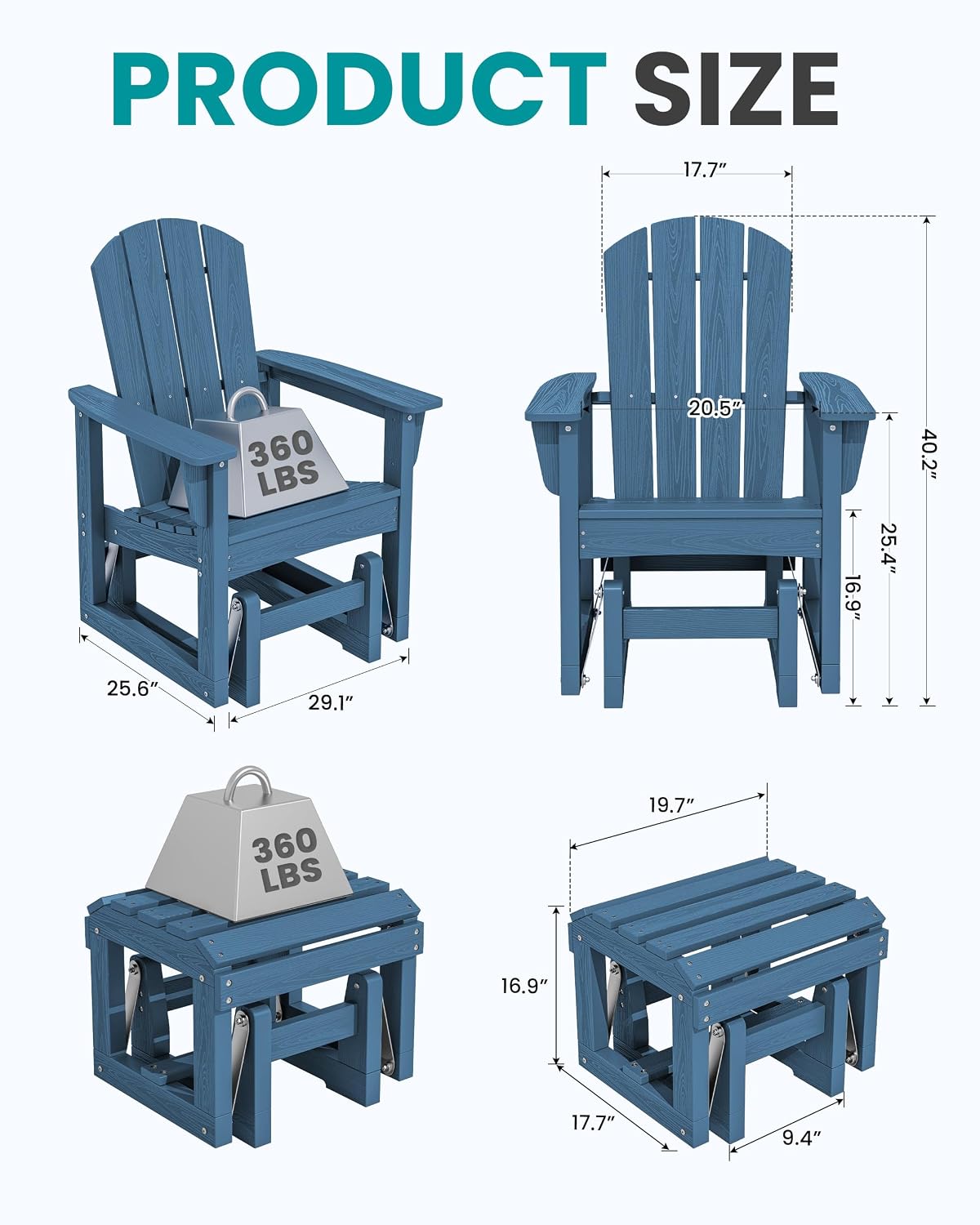 SERWALL Outdoor Glider Chair with Ottoman, HDPE Wood-Like Patio Glider Set All-Weather Porch Glider for Outside, Blue