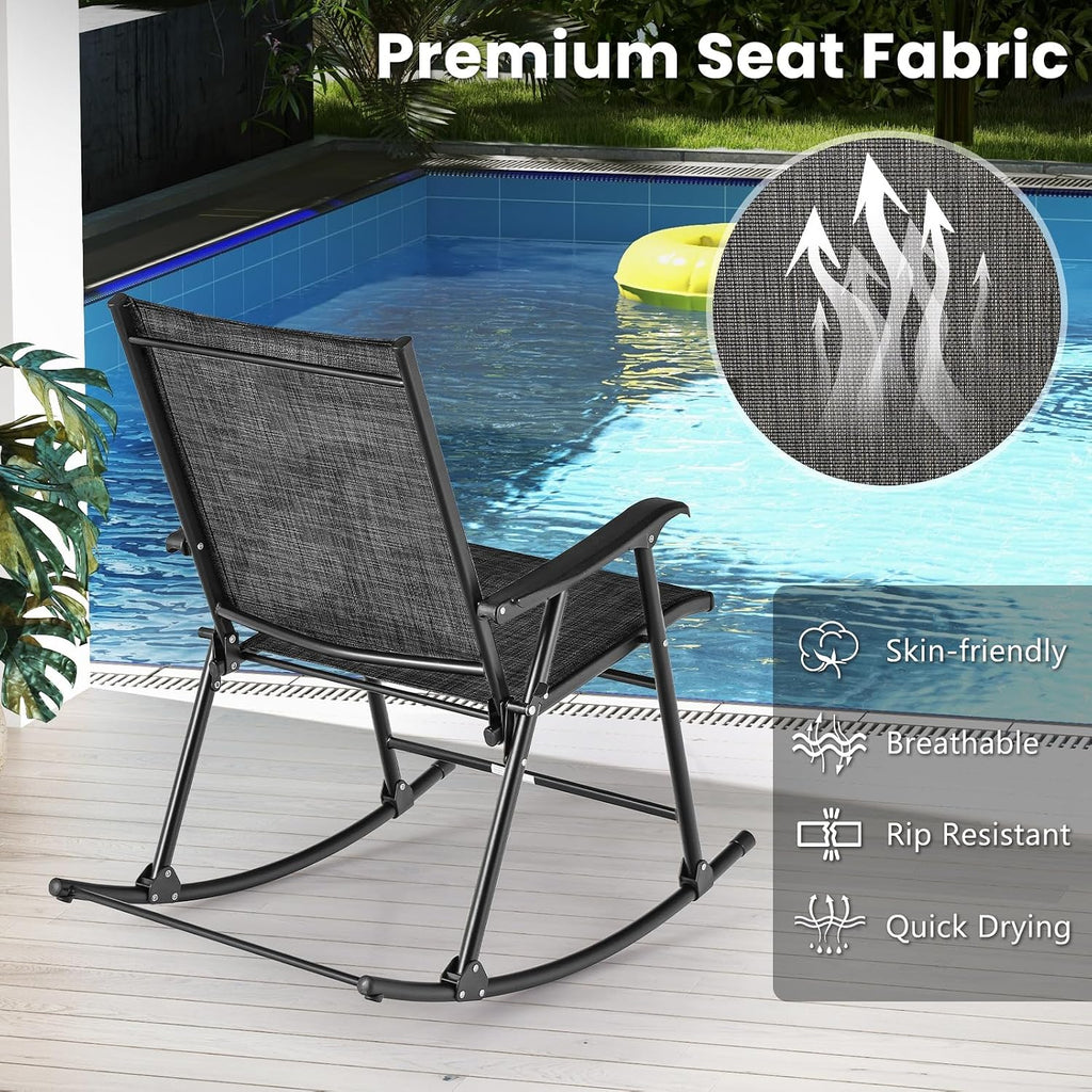 Tangkula Folding Rocking Chairs Set of 2, Patio Rockers with Breathable Seat Fabric & Sturdy Metal Frame, Smooth Rocking Motion, Heavy-Duty Outdoor Rocker for Backyard, Front Porch, Poolside