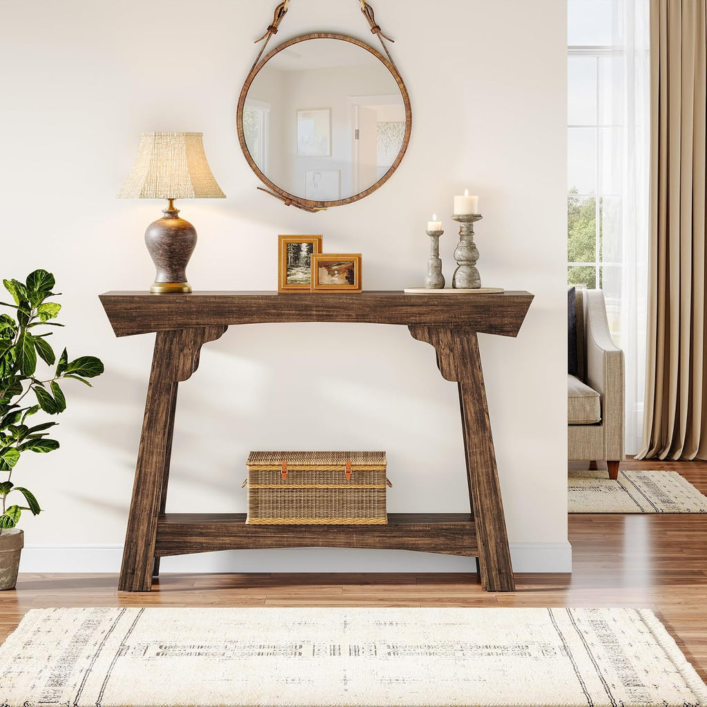 Tribesigns 41.3' Farmhouse Console Table, Small Entryway Table with 2-Tier Storage, Narrow Wooden Sofa Table Behind Couch for Living Room, Foyer, Hallway, Rustic Brown