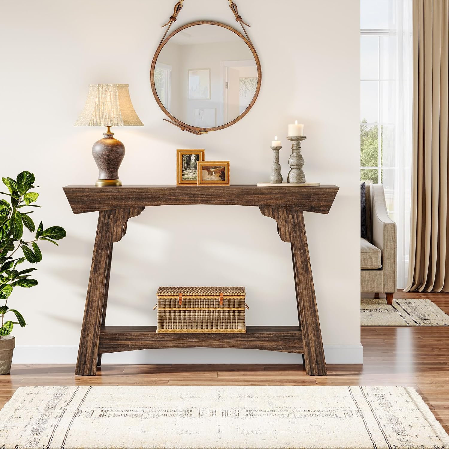 Tribesigns 41.3' Farmhouse Console Table, Small Entryway Table with 2-Tier Storage, Narrow Wooden Sofa Table Behind Couch for Living Room, Foyer, Hallway, Rustic Brown