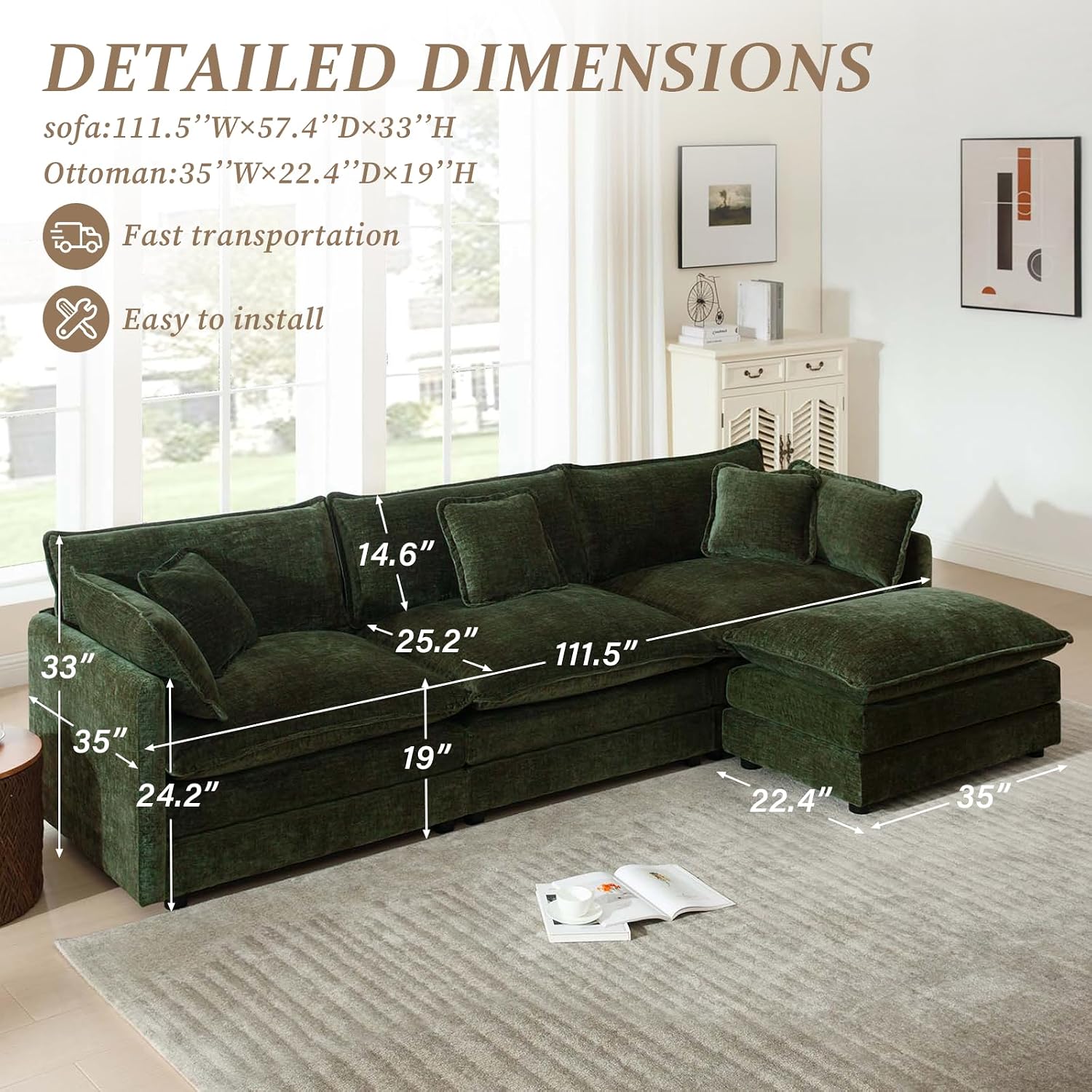 SoarFlash Chenille Sectional Sofa, Comfy L Shaped Modular Coush Sofa with Ottoman, Modern 3 Seat Couch Deep Seat Sofa Set for Living Room,Green