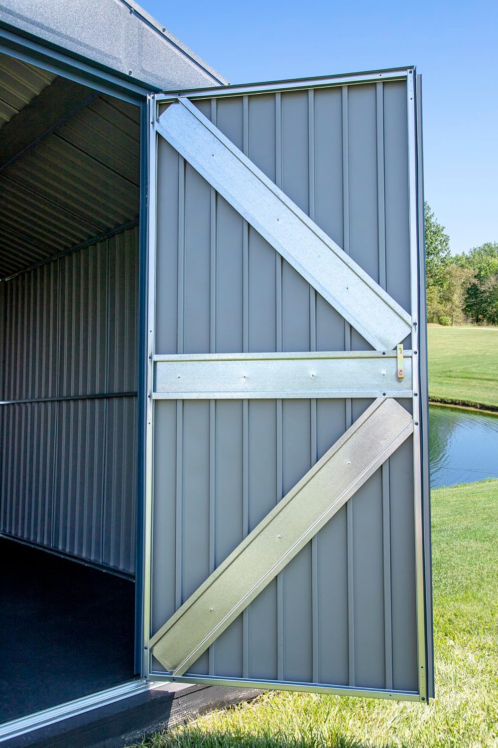 Arrow Shed Elite 14' x 14' Tall Outdoor Steel Storage Shed with High Gable and Lockable Doors Storage Building, Blue Grey