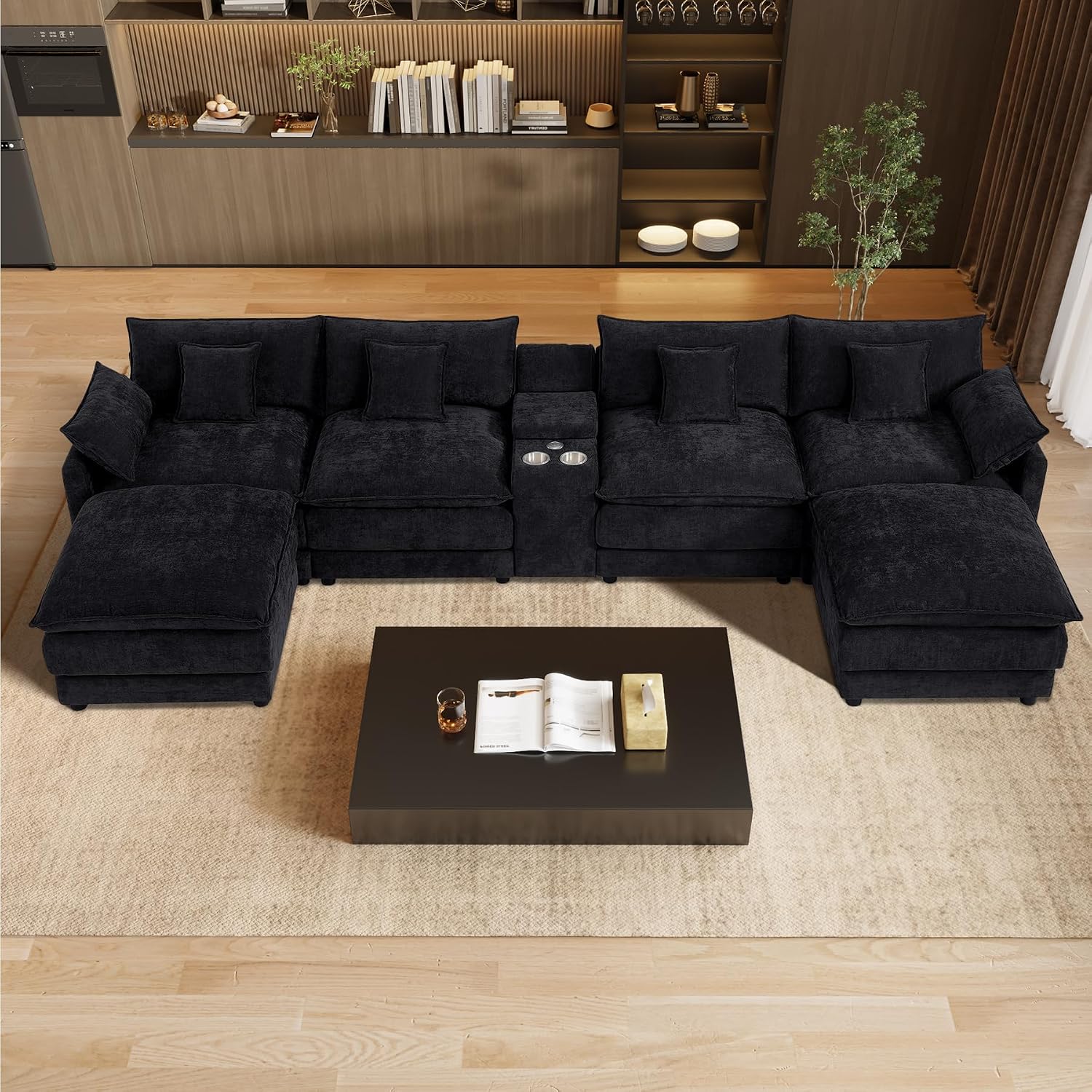 145' Oversized Modular Sectional Sofa U Shaped Cloud Couch Modern 6 Seat Sofa Set for Living Room Comfy Chenille Deep Seat with Storage Central Console, Movable Ottomans, Cup Holders, USB Ports, Black
