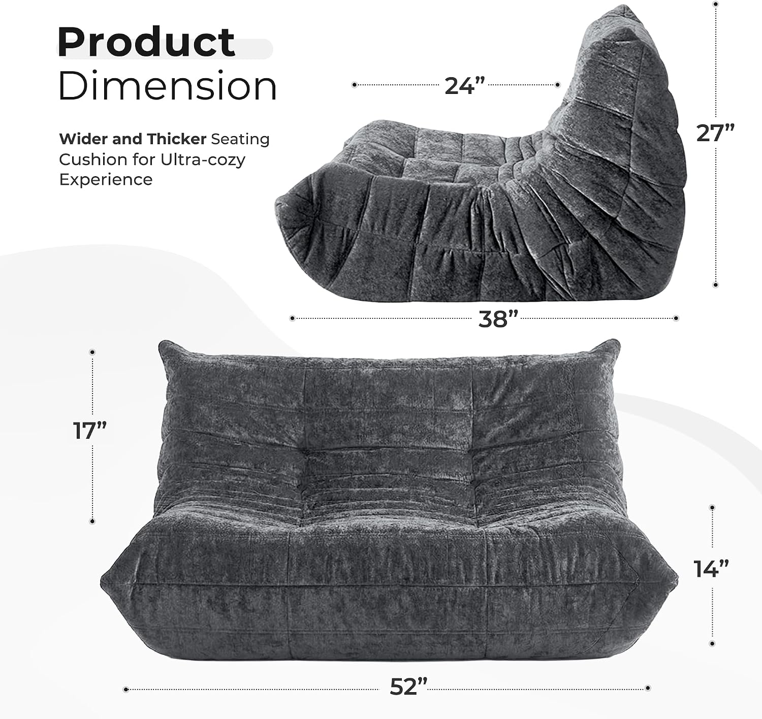 HABUTWAY Bean Bag Chair, Giant Bean Bag Chairs for Adults, Loveseat Fireside Chair, 2 Seater Lazy Bean Bag Sofa Memory Foam Couch for Living Room, Bedroom, Office (Grey)