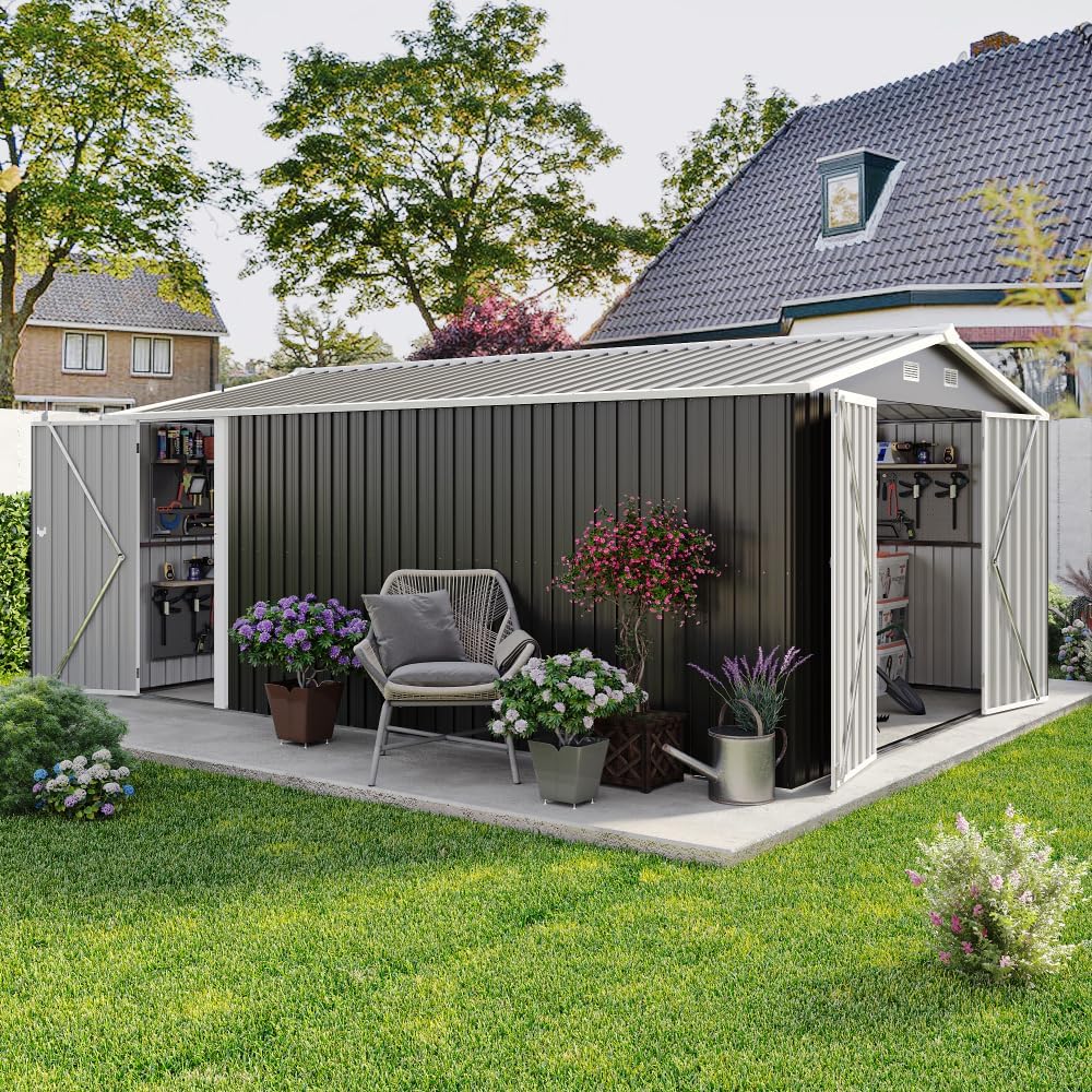 10x14FT Metal Garden Shed - Lockable Outdoor Storage Shed, Heavy-Duty Storage Sheds for Backyard Patio, Sheds & Outdoor Storage (Dark Gray)