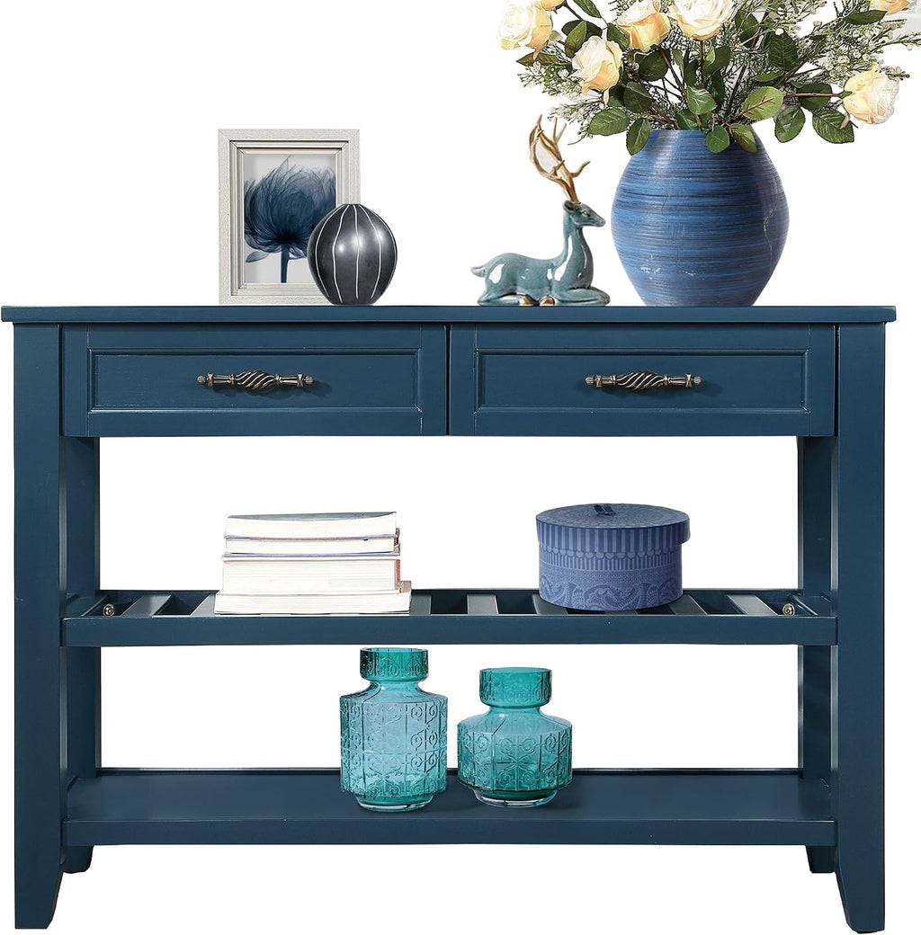 LKTART Solid Wood Console Table Entryway Table with Storage Drawers and Shelves Sofa Table for Entry Hallway Foyer,Behind the Couch Table(42' Navy Blue)
