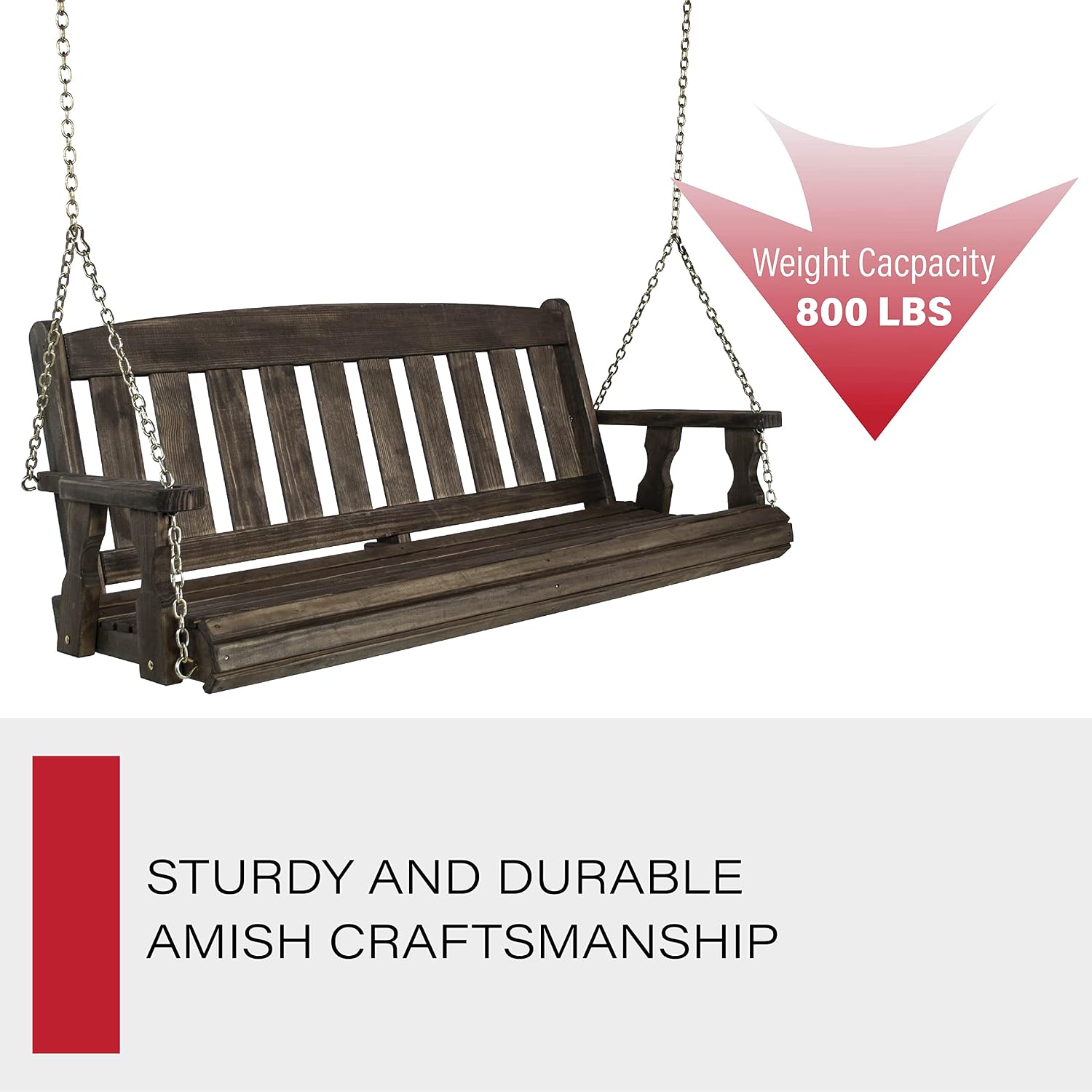 Amish Casual Heavy Duty 800 Lb Mission Treated Porch Swing with Hanging Chains (4 Foot, Dark Walnut Stain)
