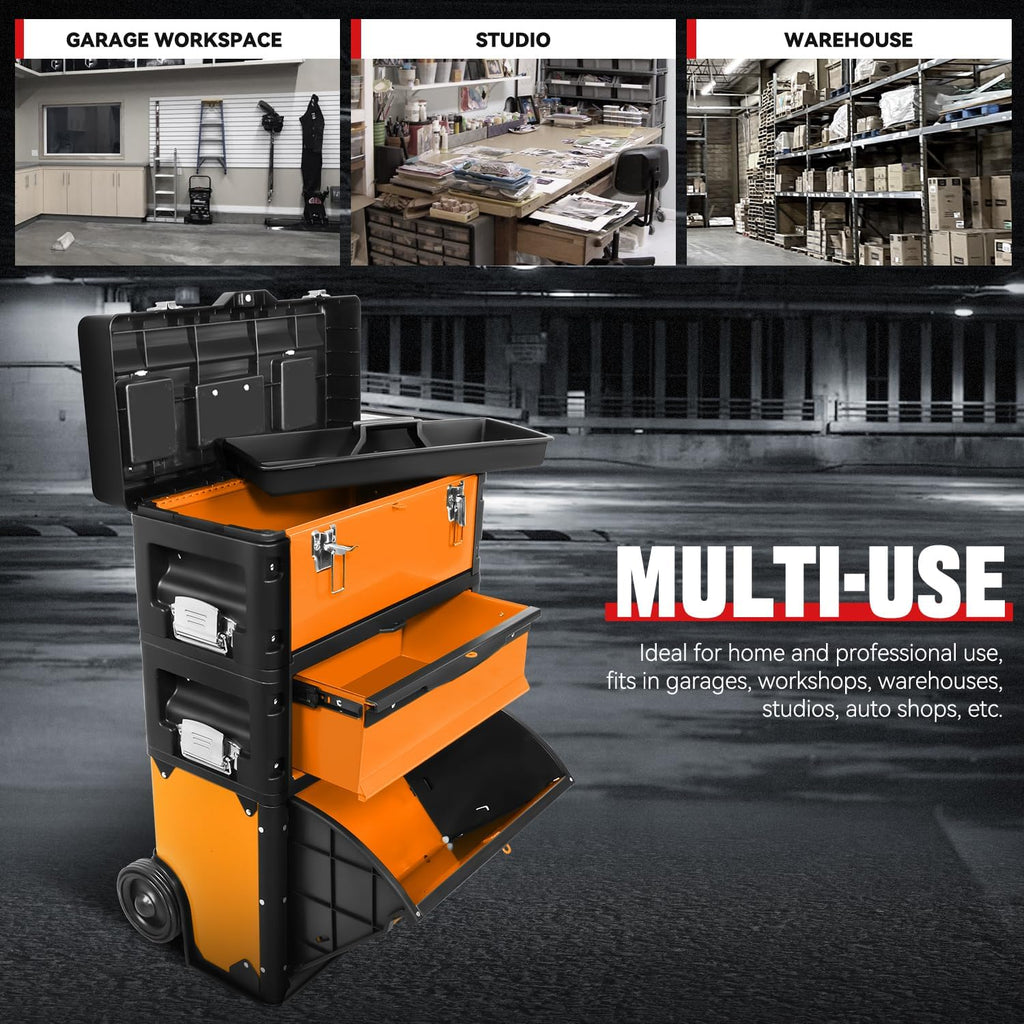 Auto Dynasty Stackable Tool Box 3-Tier Tool Separate Organizer Rolling Tool Chest with Wheels 3-in-1 Upright Trolley for Garage or Workshop, Orange
