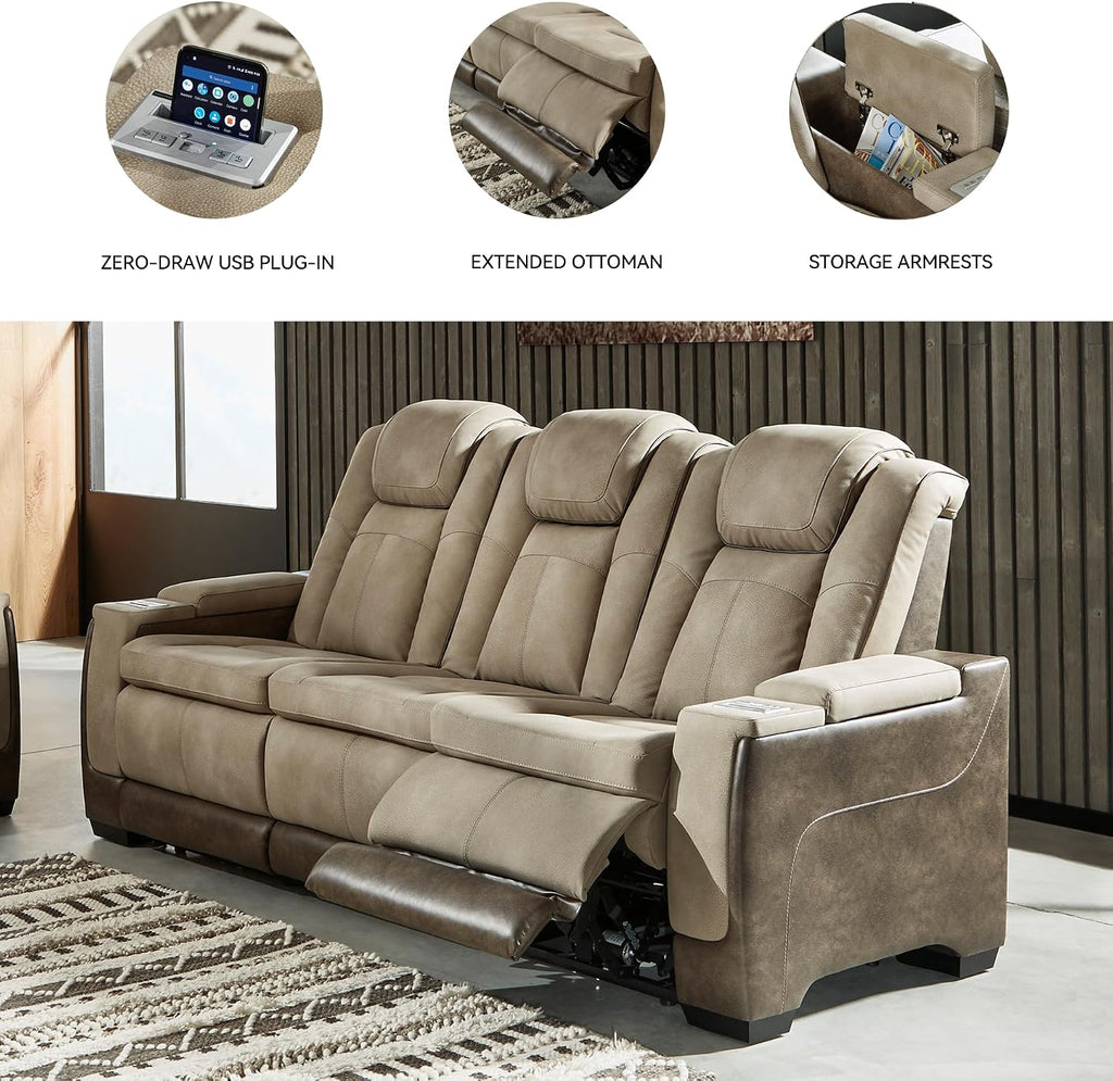 Signature Design by Ashley Next-Gen DuraPella Power Reclining Sofa – Wireless & USB Charging, Zero-Gravity, Adjustable Headrest, Water-Repellent Faux Leather, Drop-Down Table, Beige/Brown, 86'