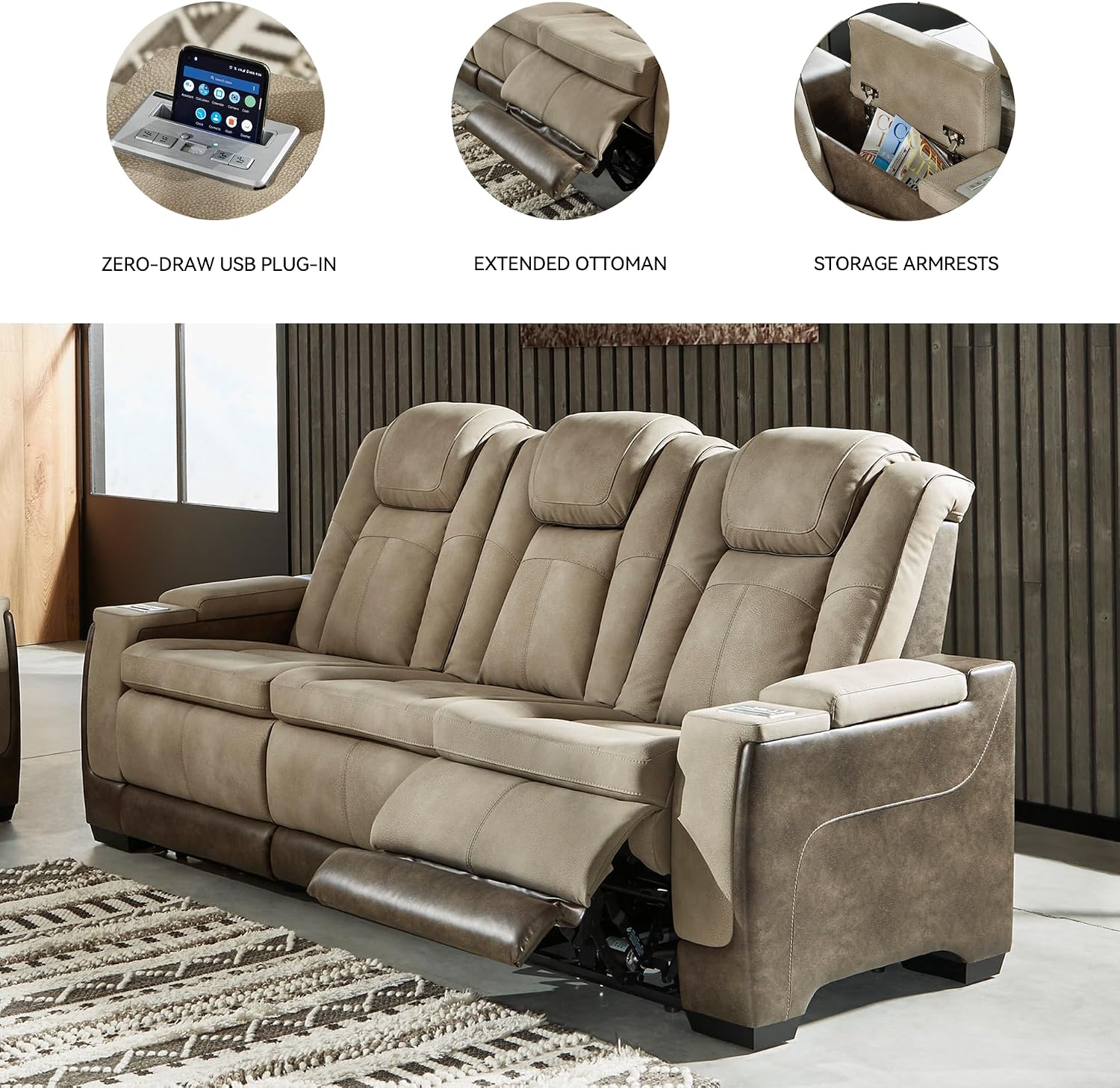 Signature Design by Ashley Next-Gen DuraPella Power Reclining Sofa – Wireless & USB Charging, Zero-Gravity, Adjustable Headrest, Water-Repellent Faux Leather, Drop-Down Table, Beige/Brown, 86'