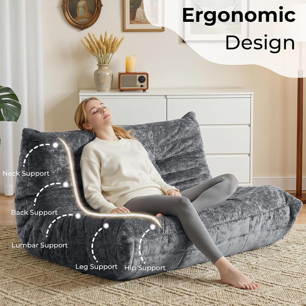HABUTWAY Bean Bag Chair, Giant Bean Bag Chairs for Adults, Loveseat Fireside Chair, 2 Seater Lazy Bean Bag Sofa Memory Foam Couch for Living Room, Bedroom, Office (Grey)