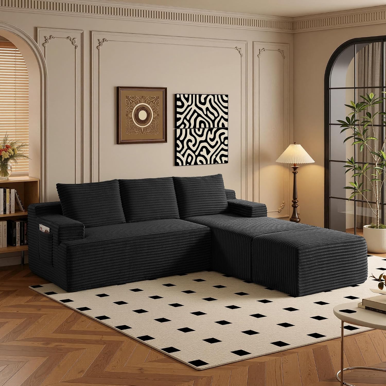 96' Sectional Couches for Living Room Cloud Couch Sofa with L-Shape Upholstered Boneless Couchs Modern Modular Sectional Couch with Chaise (Black, 96' W+Right Facing Chaise+2Seaters+Ottoman)