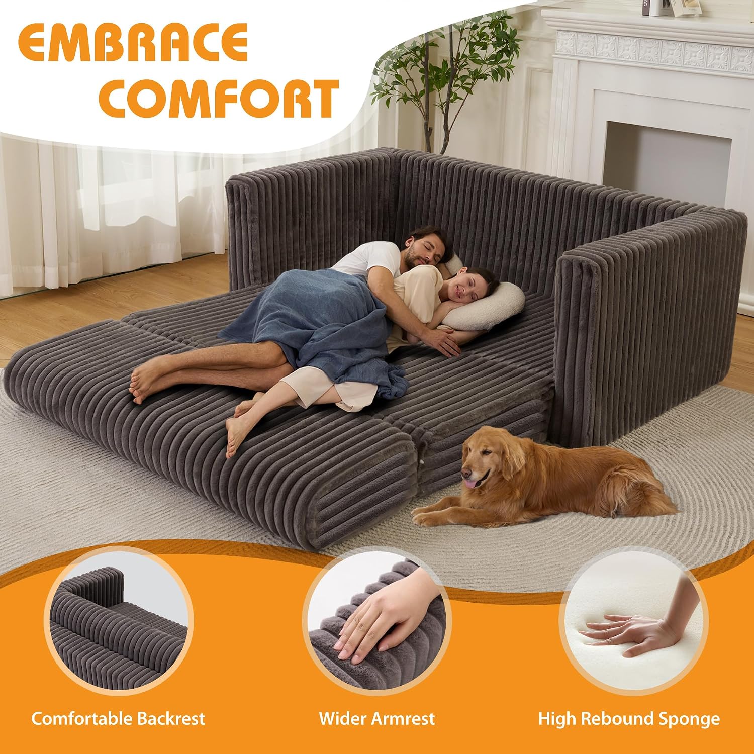 HABUTWAY Folding Sofa Bed, 2 in 1 Convertible Sleeper Chair with Armrest, Portable Fold Out Chair Bed, Comfy Floor Couch, Multi-Functional Lazy Sofa for Living Room Bedroom Dorm Home Office, Grey