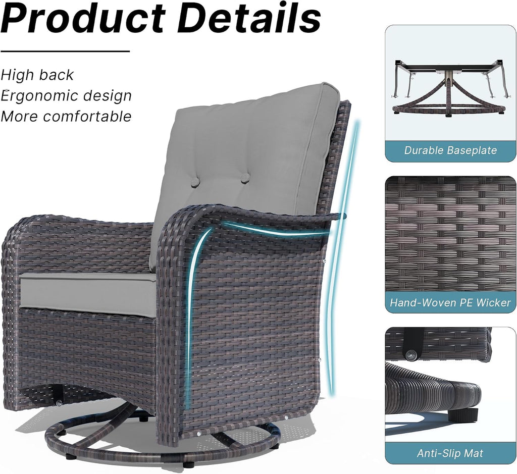 Kurapika 3 Pieces Patio Furniture Set Outdoor Swivel Gliders Rocker, Wicker Patio Bistro Set, Rattan Rocking Chair with Tempered Glass Side Table and Thickened Cushions (Grey)