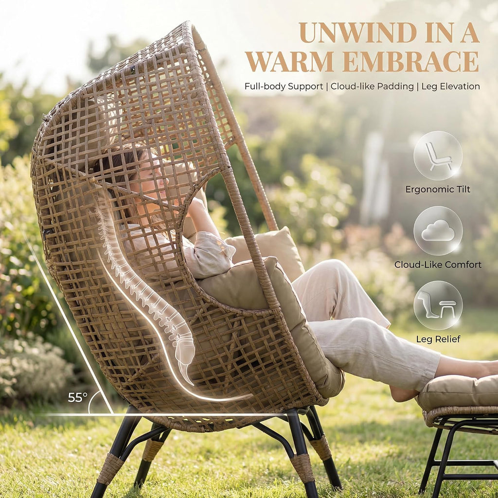 RADIATA Egg Chair with Footrest, Wicker Patio Lounger with Ottoman, Oversized Rattan Egg Shaped Chair with Leg for Indoor Outdoor Patio Balcony Garden (Brown)