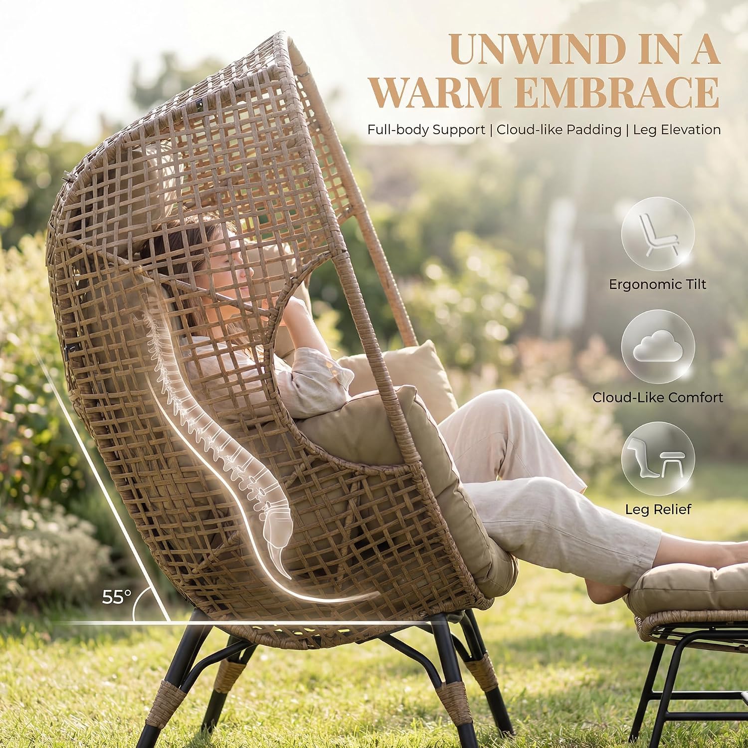RADIATA Egg Chair with Footrest, Wicker Patio Lounger with Ottoman, Oversized Rattan Egg Shaped Chair with Leg for Indoor Outdoor Patio Balcony Garden (Brown)