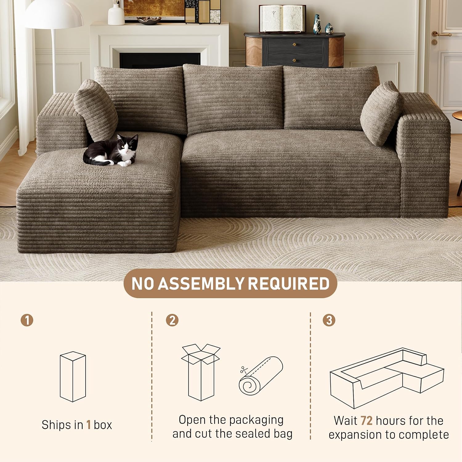 107' L-Shaped Boneless Sectional Couches for Living Room, Comfy Corduroy Fluffy Cloud Couch, Deep Seat Memory Foam Plush Modular Sectional Sofa with Left-Facing Chaise, No Assembly, Brown