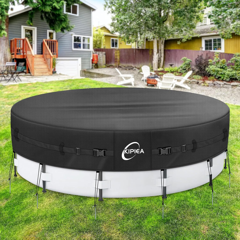 Kipiea Heavy Duty 500D 24ft Round Pool Cover for Above Ground Pools, Swimming Pool Cover with Full Circle Straps, Anti-Slip Straps and Tent Stakes, Featuring Windproof, Waterproof and Dustproof Design