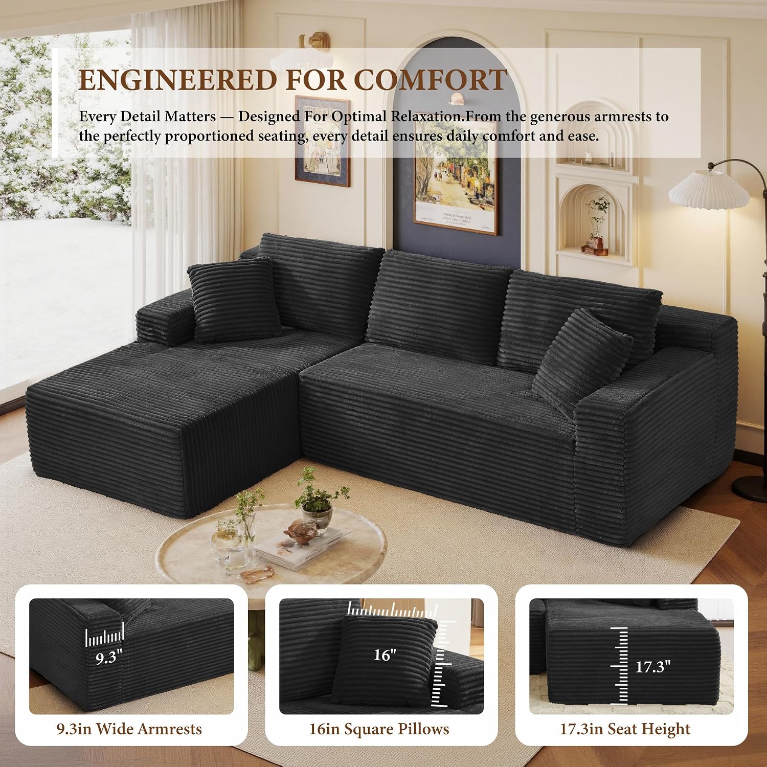 96' Sectional Couches for Living Room Cloud Couch Sofa with L-Shape Upholstered Boneless Couchs Modern Modular Sectional Couch with Chaise (Black, 95' W+Left Facing Chaise+2Seaters)