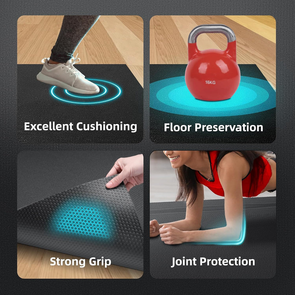 GymCope Large Exercise Mat for Home Workout,12'x6'/10'x6'/9'x6'/8'x6'/7'x5'/6'x4' (7mm) Extra Thick Workout Mat, High-Density Gym Mat for Cardio, Jump Rope, MMA, Weights (Shoe-Friendly)