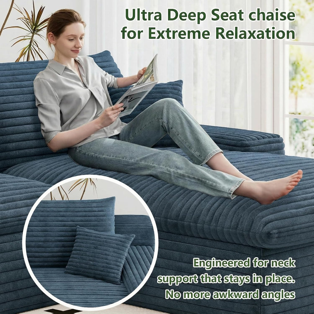 107' Cloud Couch Modular Sectional Sofa for Living Room, U-Shape Boneless Couch with Deep Seat, Modern Corduroy 3-Seater with Ottoman, No Assembly Required (Blue,Right-Facing Chaise)