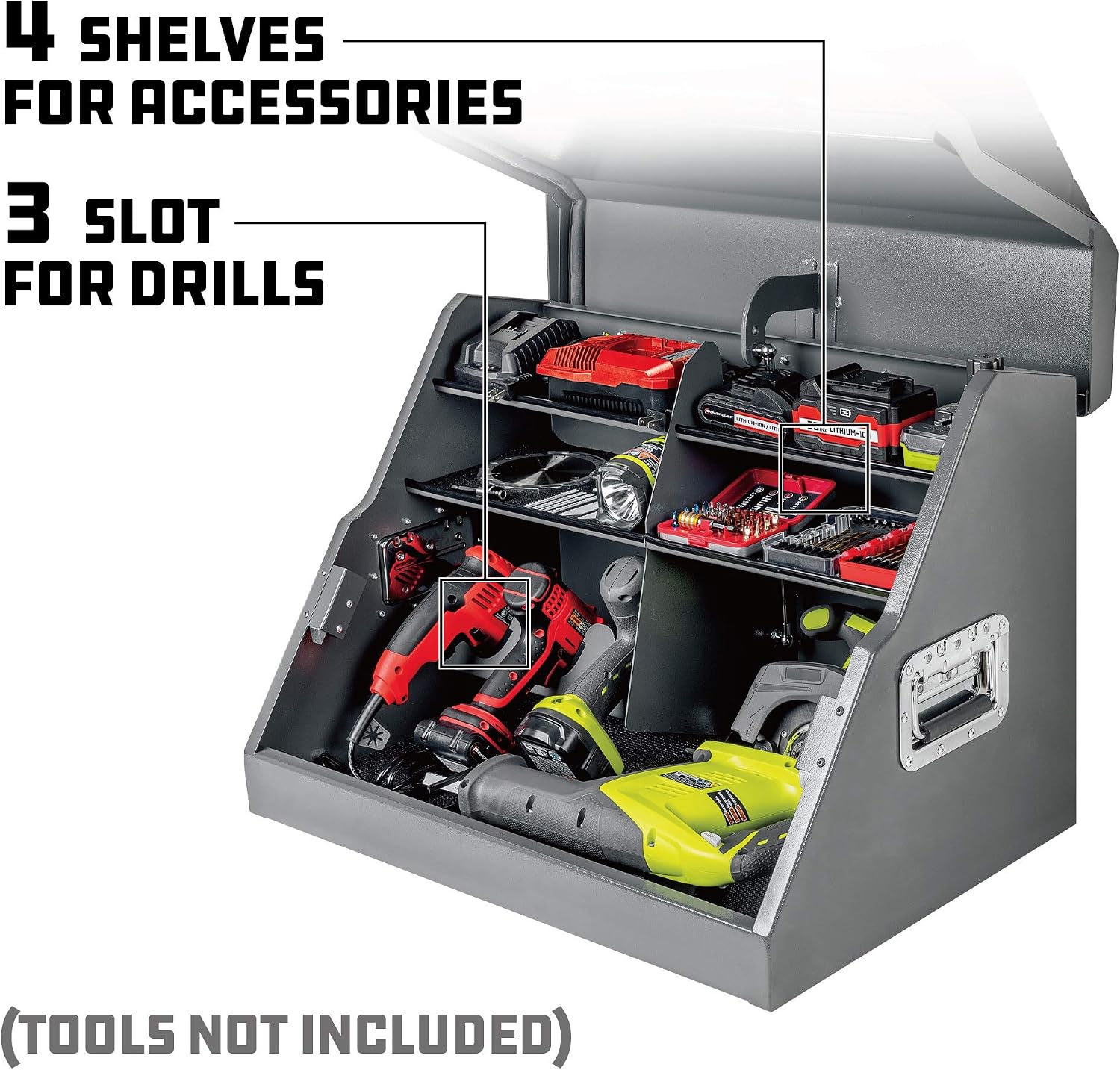Powerbuilt 26 In. Portable Slant Front Power Tool Locker Toolbox with Power Drill Slots, Storage Compartments, 16 Ga. Steel, Chrome Hardware, Weather-Resistant Locking Polymer Lid, Gas Struts, 941805E