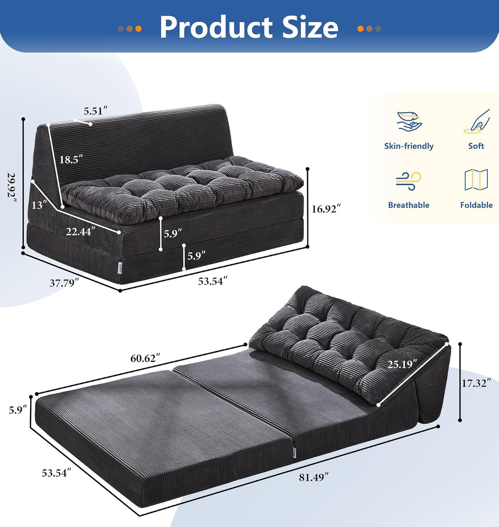Hobestluk Sofa Couch Folding Sofa Bed Sleeper Comfy Floor Lounger Loveseat Sofa with Removable Cushion Couches Foldable Mattress for Living Room Bedroom or Office (Cordury Grey, Oversize)