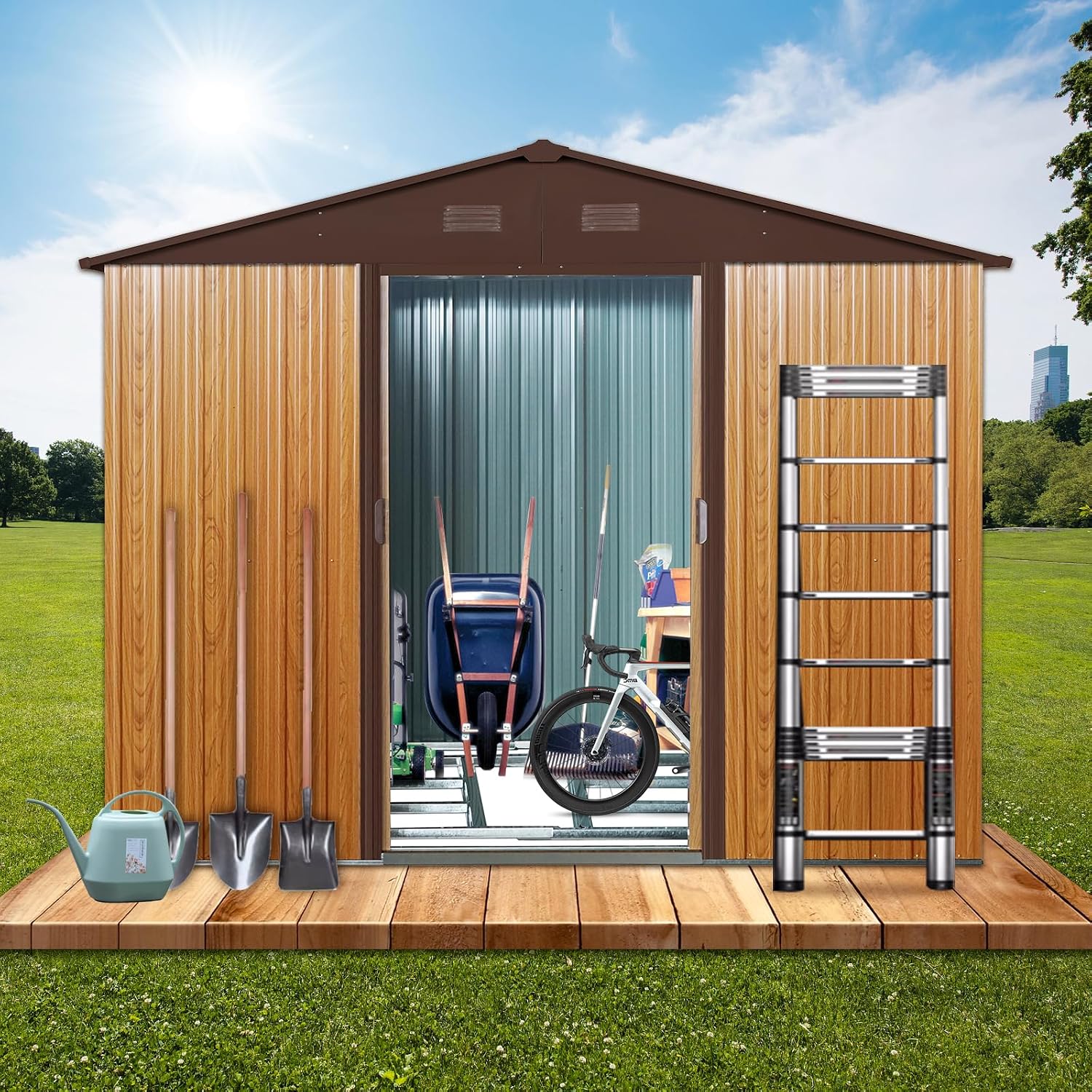 JT 7.5x5.5FT Outdoor Storage Shed with Floor Frame, Metal Garden Shed with Sliding Doors, Waterproof Galvanized Steel Storage House for Backyard Garden, Patio (7.5 x 5.5 FT, Coffee)