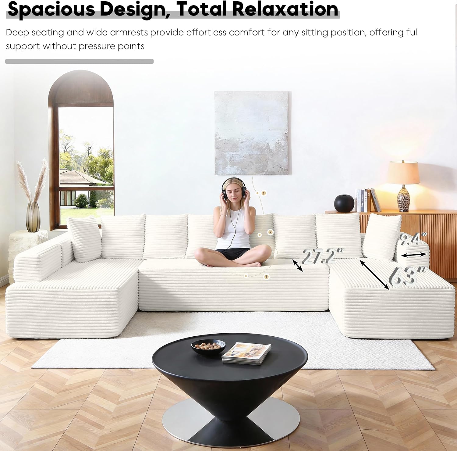 Oversized Cloud Boneless Couch with Chaise, 145' Modern U Shape Modular Deep Seat Sectional Sofa, Comfy Corduroy Upholstered Couches for Living Room, No Assembly Required, Beige White