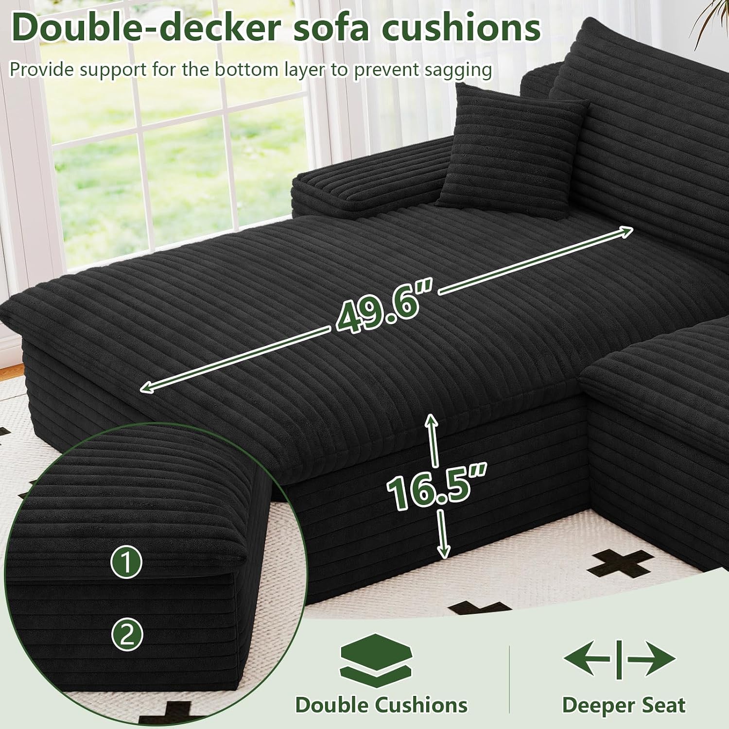 107' Cloud Couch Modular Sectional Sofa for Living Room, U-Shape Boneless Couch with Deep Seat, Modern Corduroy 3-Seater with Ottoman, No Assembly Required (Black,Left-Facing Chaise)