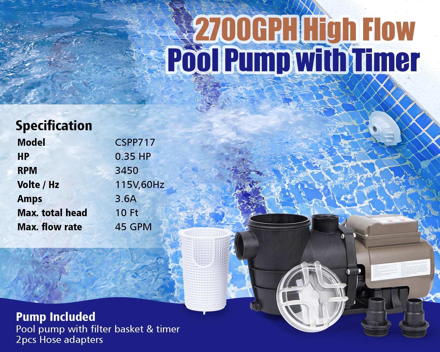 CIPU 0.35HP Pool Pump with Timer 2700GPH 115V Powerful Self Priming Above Ground Swimming Pool Pump with Filter Basket Low Noise for Pools Hot Tub Spa Water Circulation