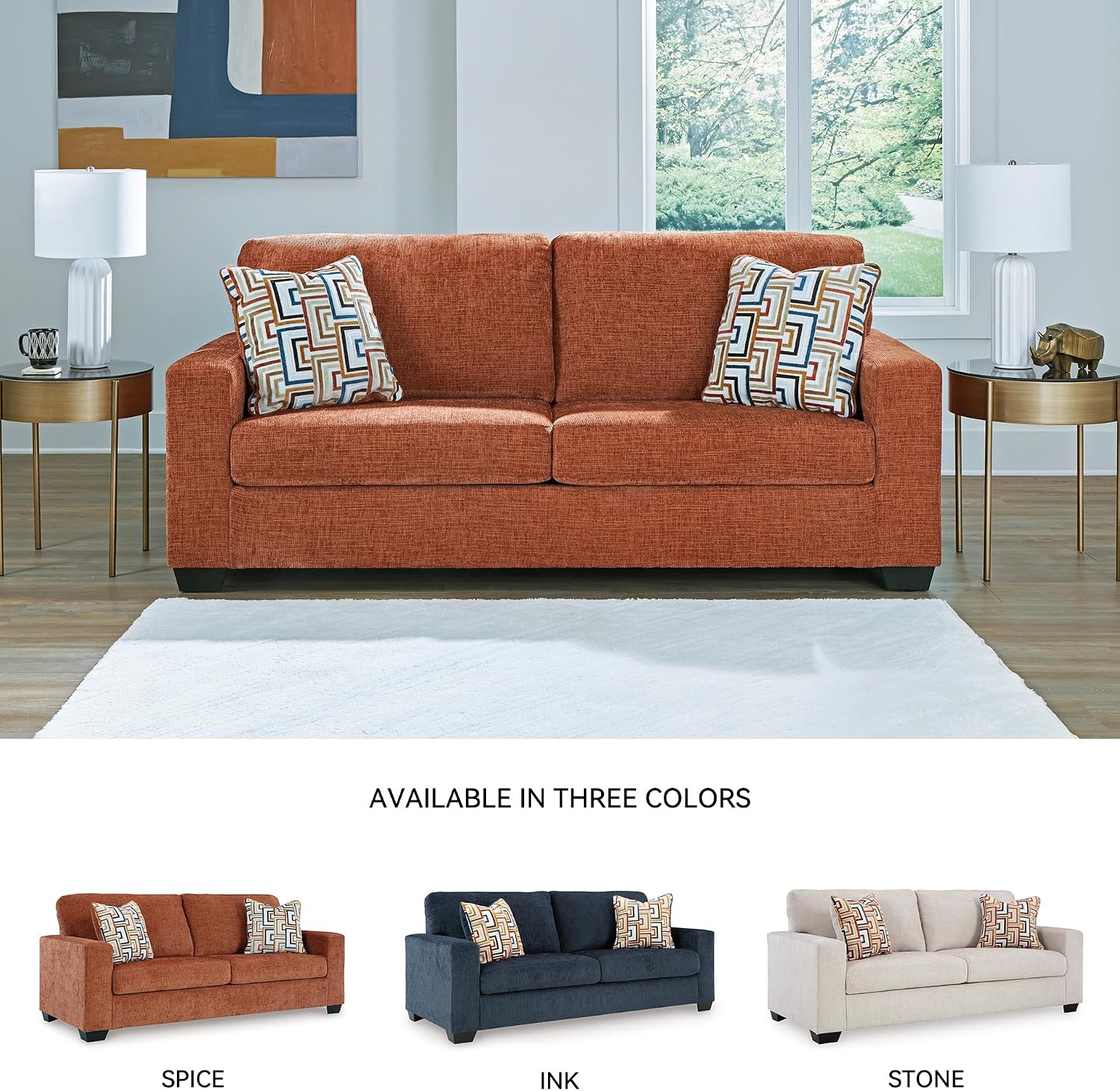 Signature Design by Ashley Aviemore Contemporary Sofa Sleeper with Folding Memory Foam Mattress and 2 Accent Pillows, Queen, Orange
