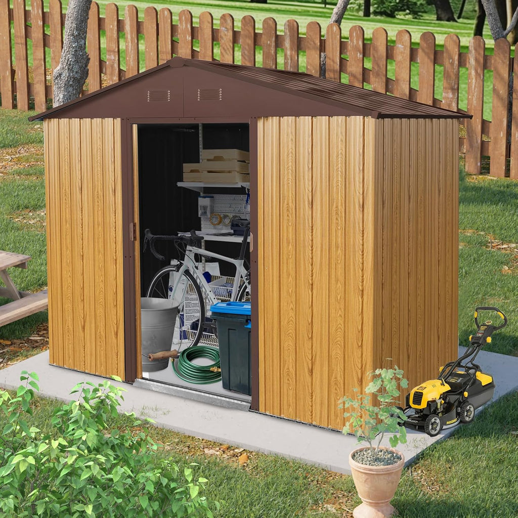 8 X 4 FT Outdoor Storage Shed Large Metal Utility Tool Sheds with Floor Frame Vertical Outside Storage Building with Sliding Door for Backyard Garden Patio Lawn, Coffee
